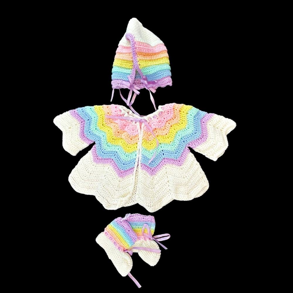 Handmade Pastel Rainbow Baby Cardigan Shawl Jacket w/ Hat & Booties Socks